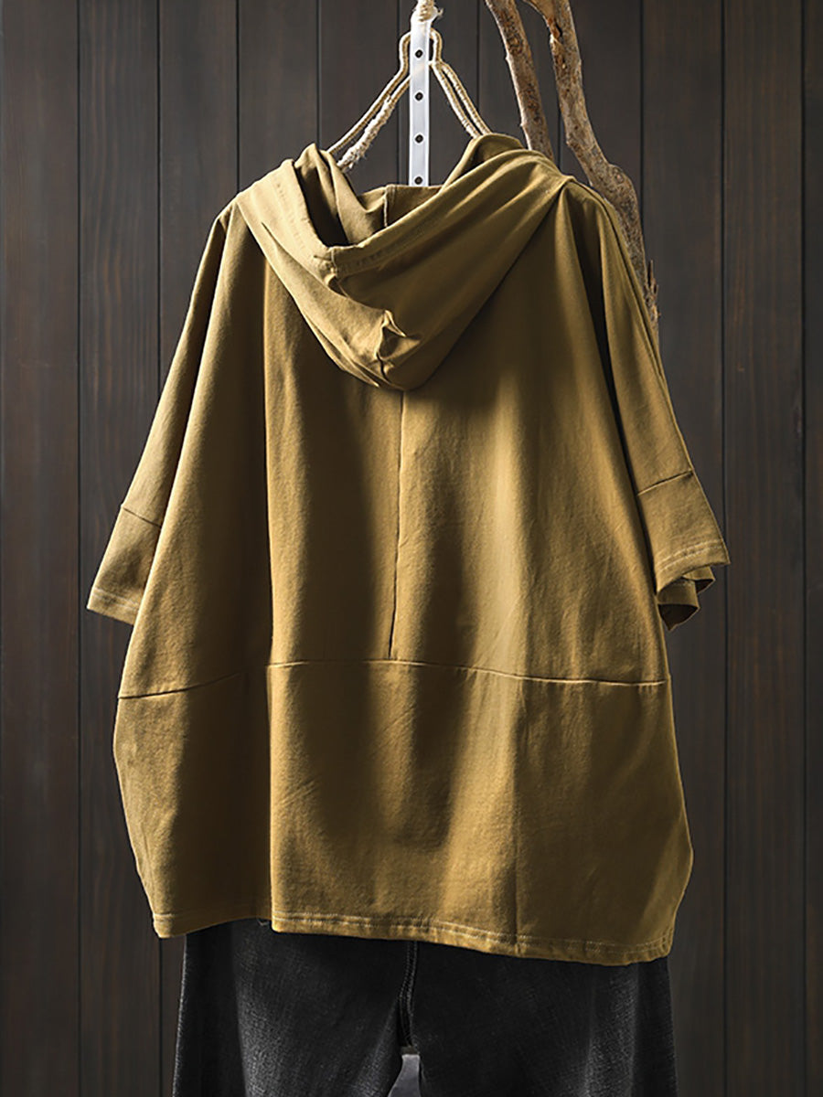 Shirt Frauen Sommer Casual 100% Baumwolle Reine Farbe Mit Kapuze 