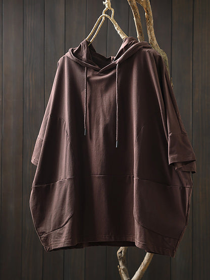 Shirt Frauen Sommer Casual 100% Baumwolle Reine Farbe Mit Kapuze 
