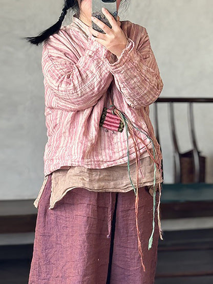 Retro Sommer Damen Shirt V-Ausschnitt Streifen Leinen