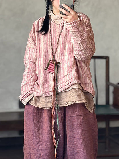 Retro Sommer Damen Shirt V-Ausschnitt Streifen Leinen