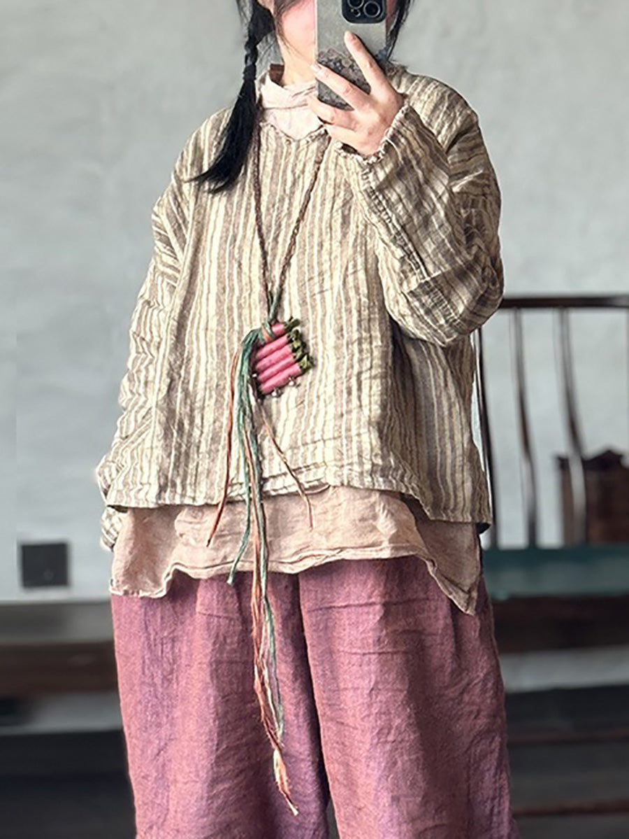 Retro Sommer Damen Shirt V-Ausschnitt Streifen Leinen