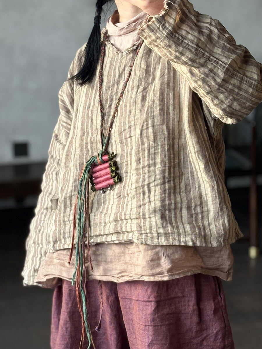 Retro Sommer Damen Shirt V-Ausschnitt Streifen Leinen