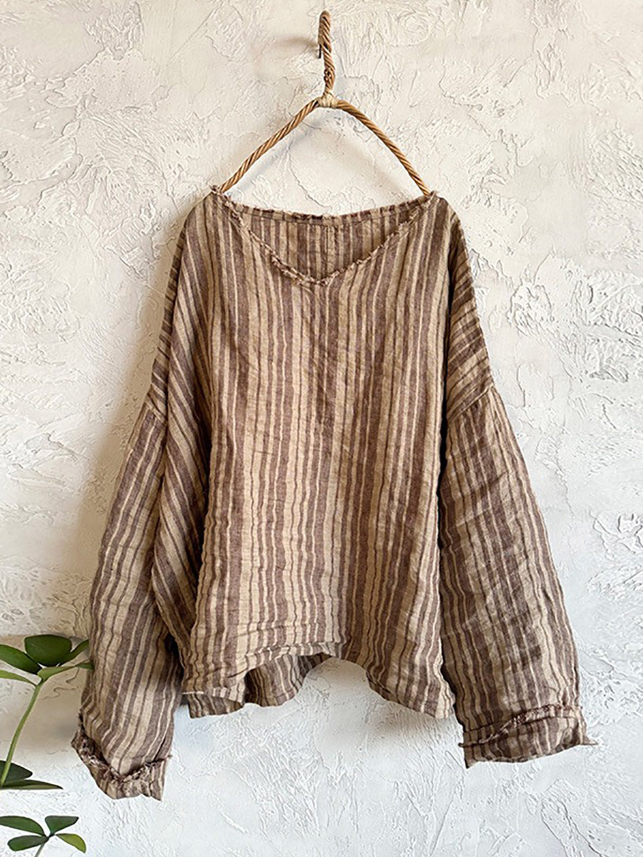 Retro Sommer Damen Shirt V-Ausschnitt Streifen Leinen