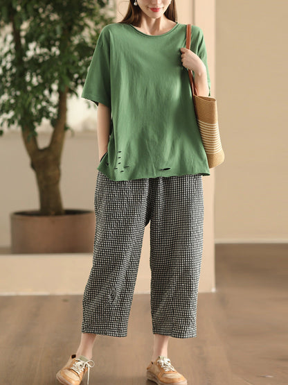 Pantalon sarouel treillis coton été décontracté femme 