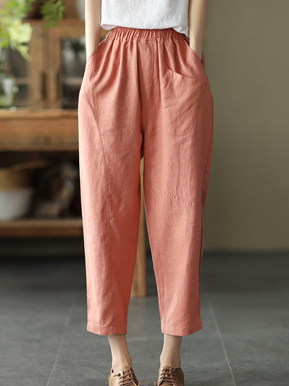 Pantalon sarouel en lin pour femme, couleur unie, été