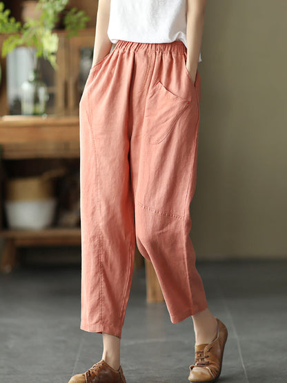 Pantalon sarouel en lin pour femme, couleur unie, été