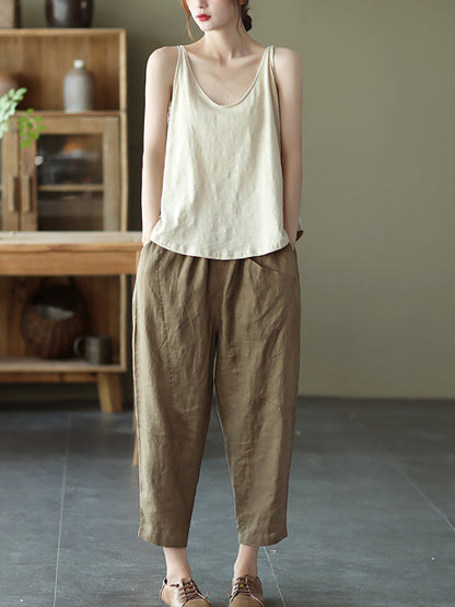 Pantalon sarouel en lin pour femme, couleur unie, été