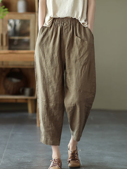 Pantalon sarouel en lin pour femme, couleur unie, été