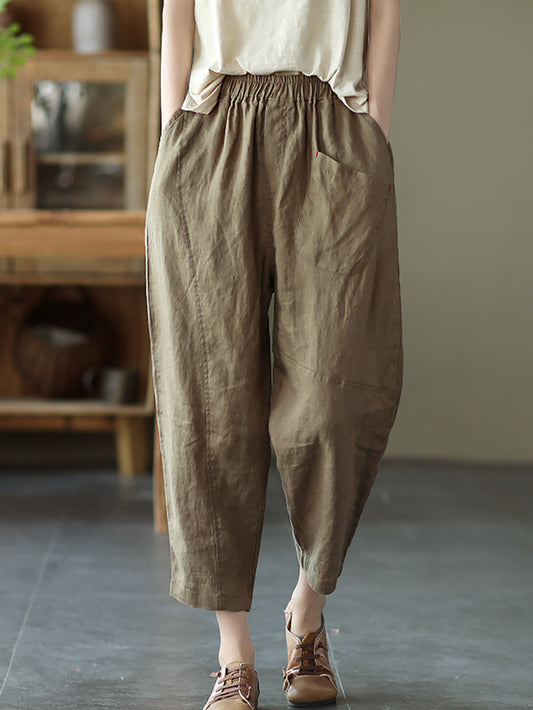 Pantalon sarouel en lin pour femme, couleur unie, été