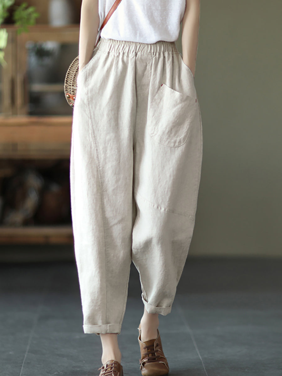 Pantalon sarouel en lin pour femme, couleur unie, été