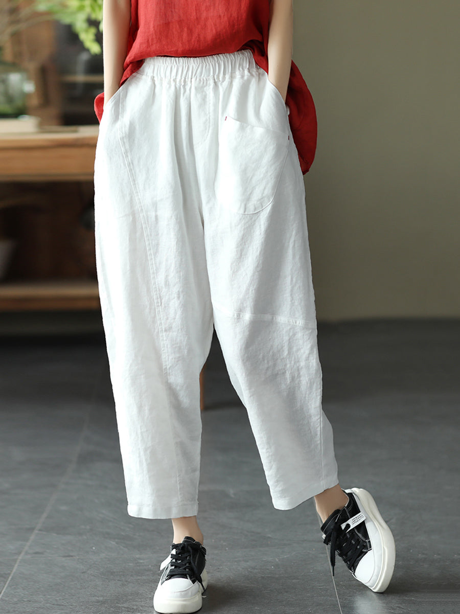 Pantalon sarouel en lin pour femme, couleur unie, été