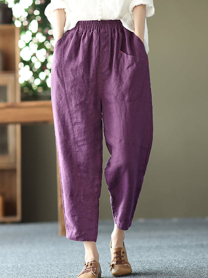 Pantalon sarouel en lin pour femme, couleur unie, été