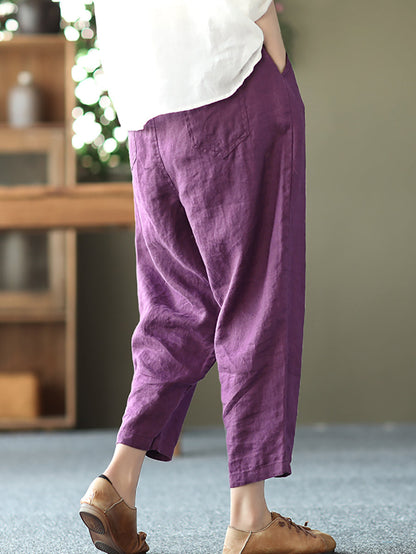 Pantalon sarouel en lin pour femme, couleur unie, été