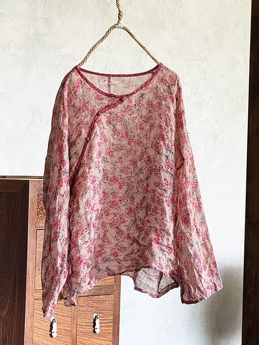 Shirt Damen Floral O-Ausschnitt Ramie Sommer Artsy