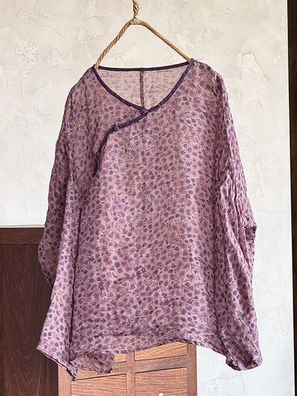 Shirt Women Floral O-Neck Ramie Summer Artsy