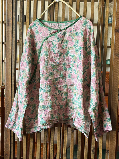 Shirt Women Floral O-Neck Ramie Summer Artsy