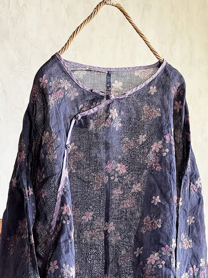 Shirt Women Floral O-Neck Ramie Summer Artsy