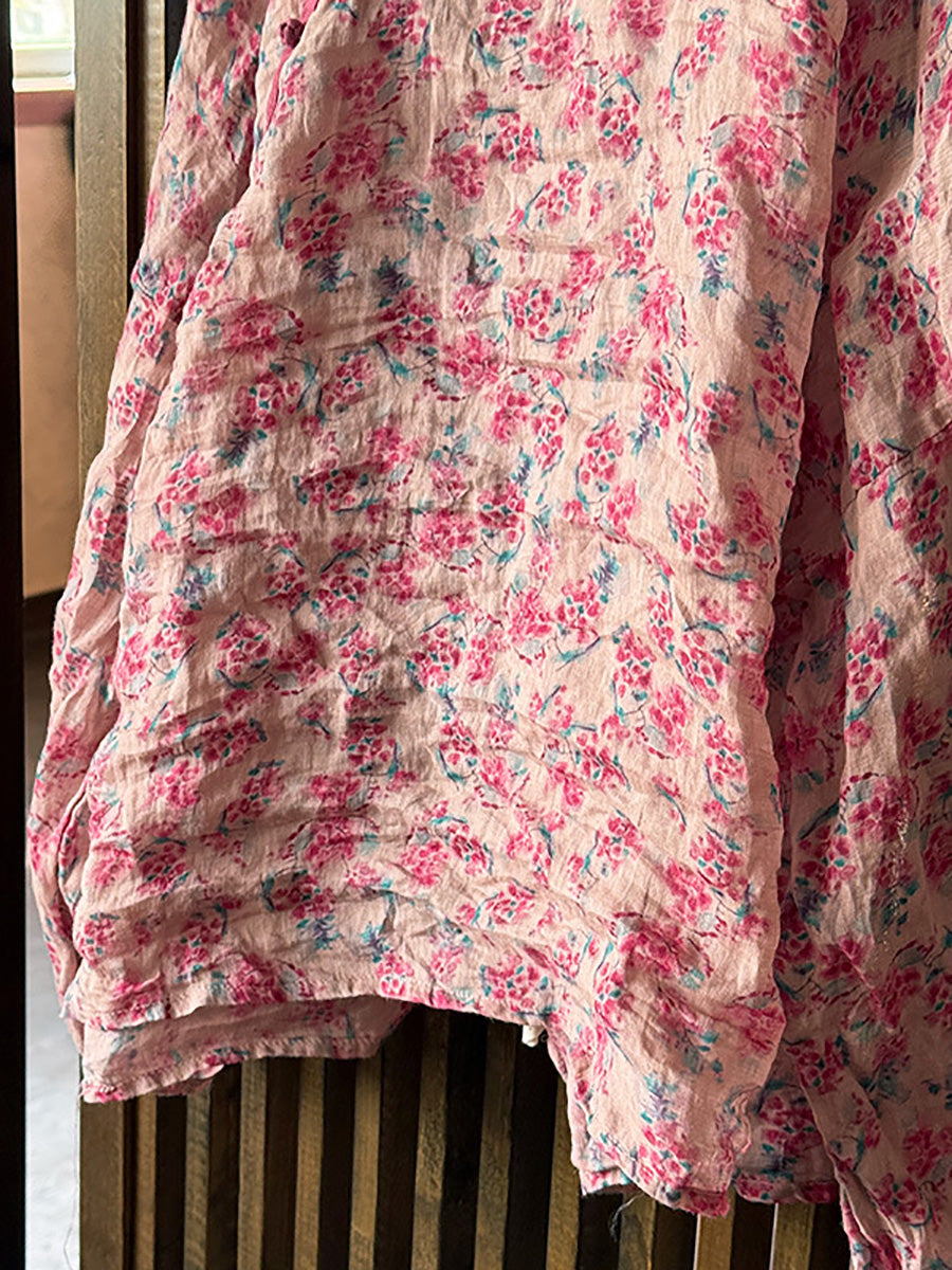 Shirt Women Floral O-Neck Ramie Summer Artsy