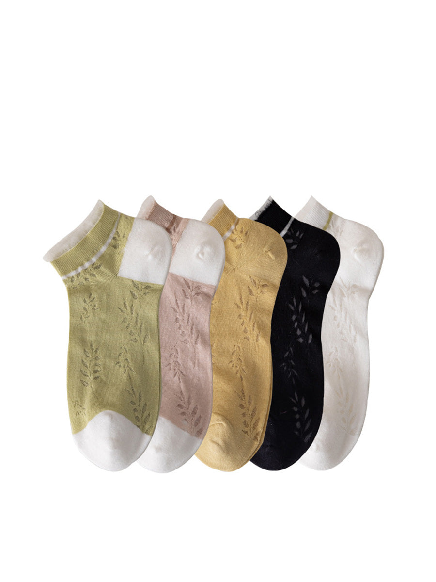 Lot de 5 paires de chaussettes en coton pour femme Motif feuilles d'été