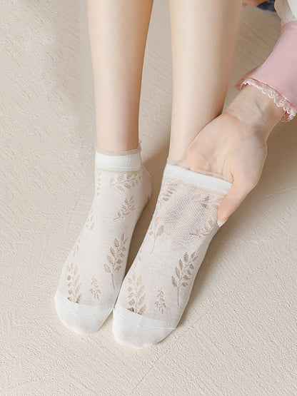 Lot de 5 paires de chaussettes en coton pour femme Motif feuilles d'été