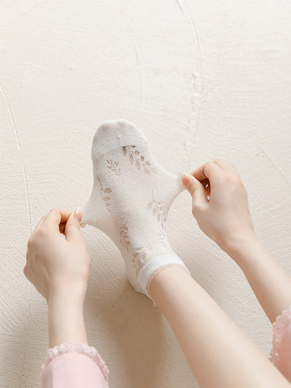 Lot de 5 paires de chaussettes en coton pour femme Motif feuilles d'été