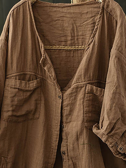 Pure Women Worn Color V-Neck Summer Cotton Shirt