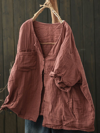 Pure Women Worn Color V-Neck Summer Cotton Shirt