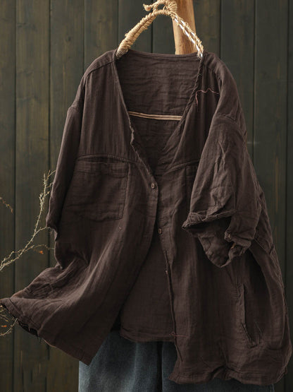 Pure Women Worn Color V-Neck Summer Cotton Shirt