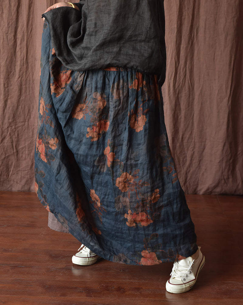 Skirt Ramie Flower Women Summer Loose Vintage