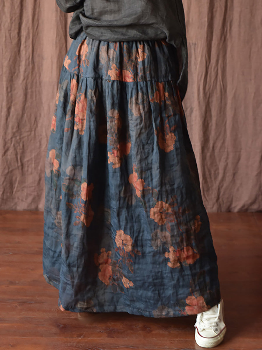 Skirt Ramie Flower Women Summer Loose Vintage