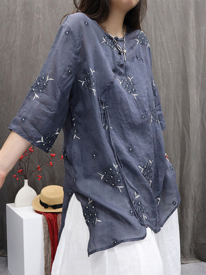 Shirt Embroidery Flower 100%Ramie Summer Women O-Neck