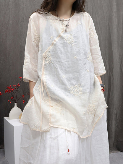 Shirt Embroidery Flower 100%Ramie Summer Women O-Neck