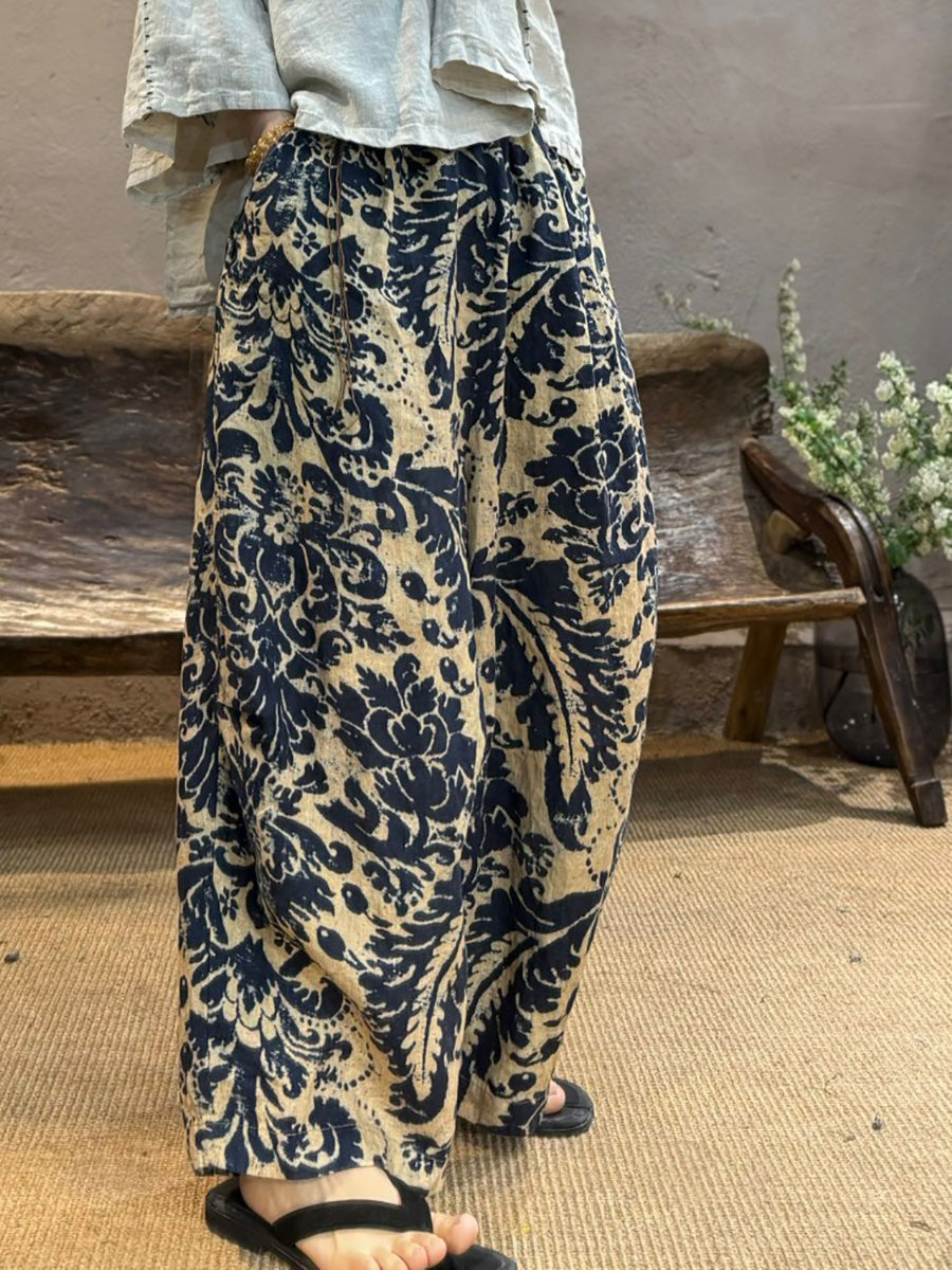 Pantalon d'été large en lin à fleurs rétro pour femme