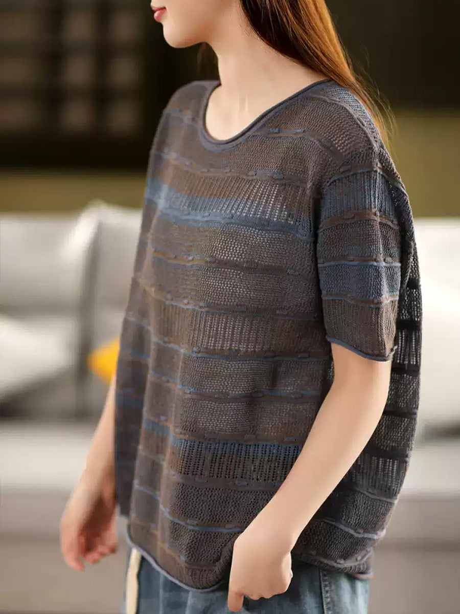 Sommer O-Ausschnitt Streifen Shirt Gestrickt Casual Damen