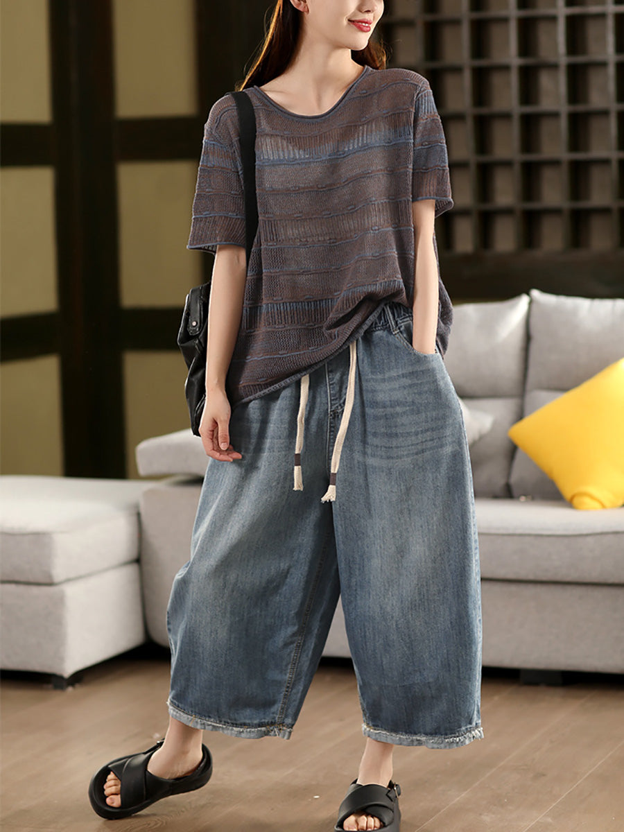 Sommer O-Ausschnitt Streifen Shirt Gestrickt Casual Damen