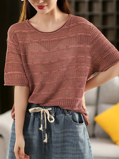 Sommer O-Ausschnitt Streifen Shirt Gestrickt Casual Damen