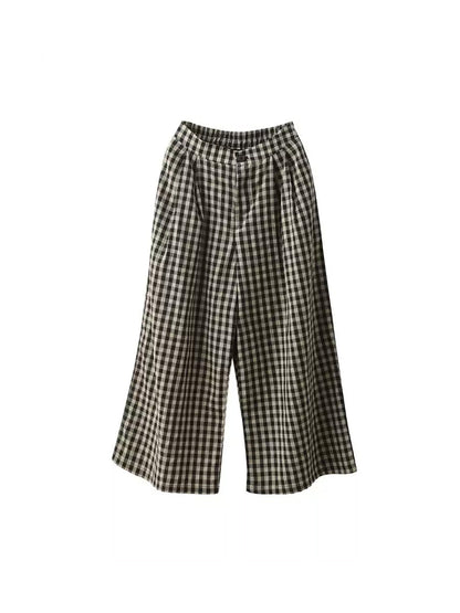 Pantalon d'été femme coton jambe large vintage à carreaux 