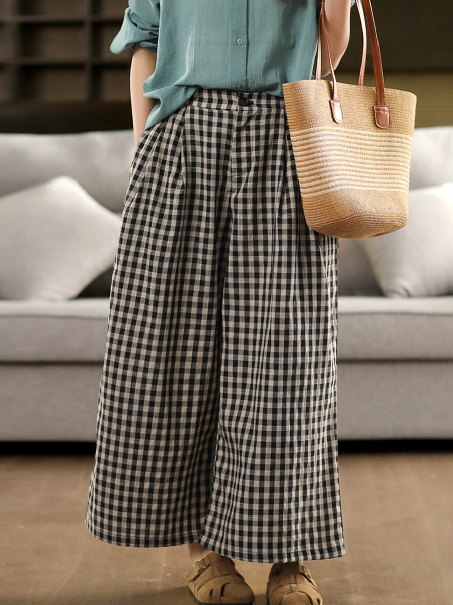 Pantalon d'été femme coton jambe large vintage à carreaux 