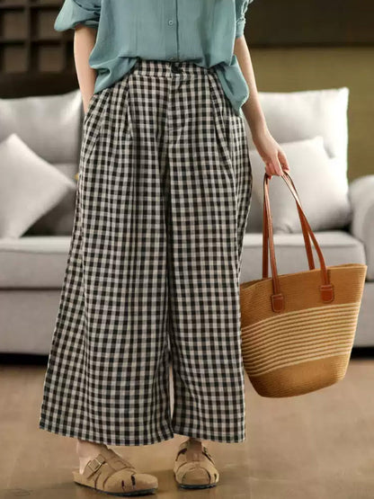 Pantalon d'été femme coton jambe large vintage à carreaux 