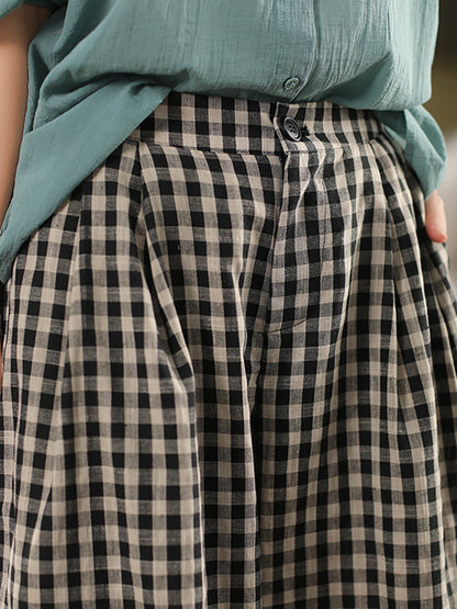 Pantalon d'été femme coton jambe large vintage à carreaux 