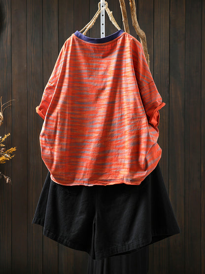 Damen Streifen Colorblock Sommerhemd O-Ausschnitt Casual 