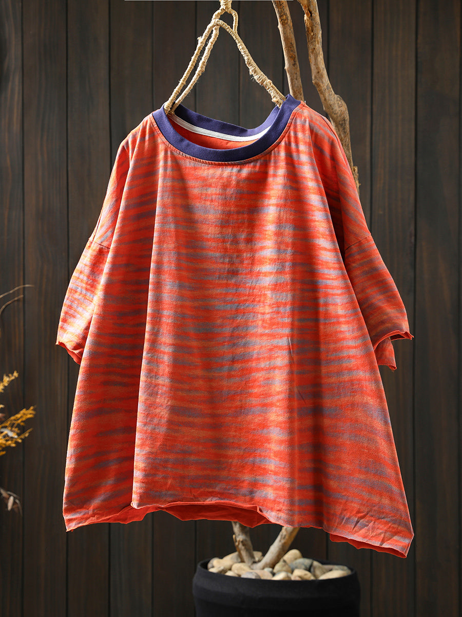 Damen Streifen Colorblock Sommerhemd O-Ausschnitt Casual 