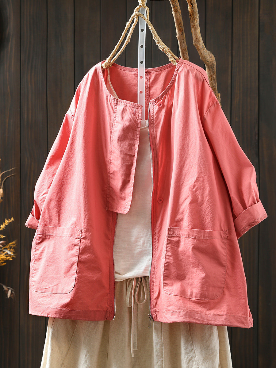 Manteau col rond femme couleur chemise fermeture éclair été pur 