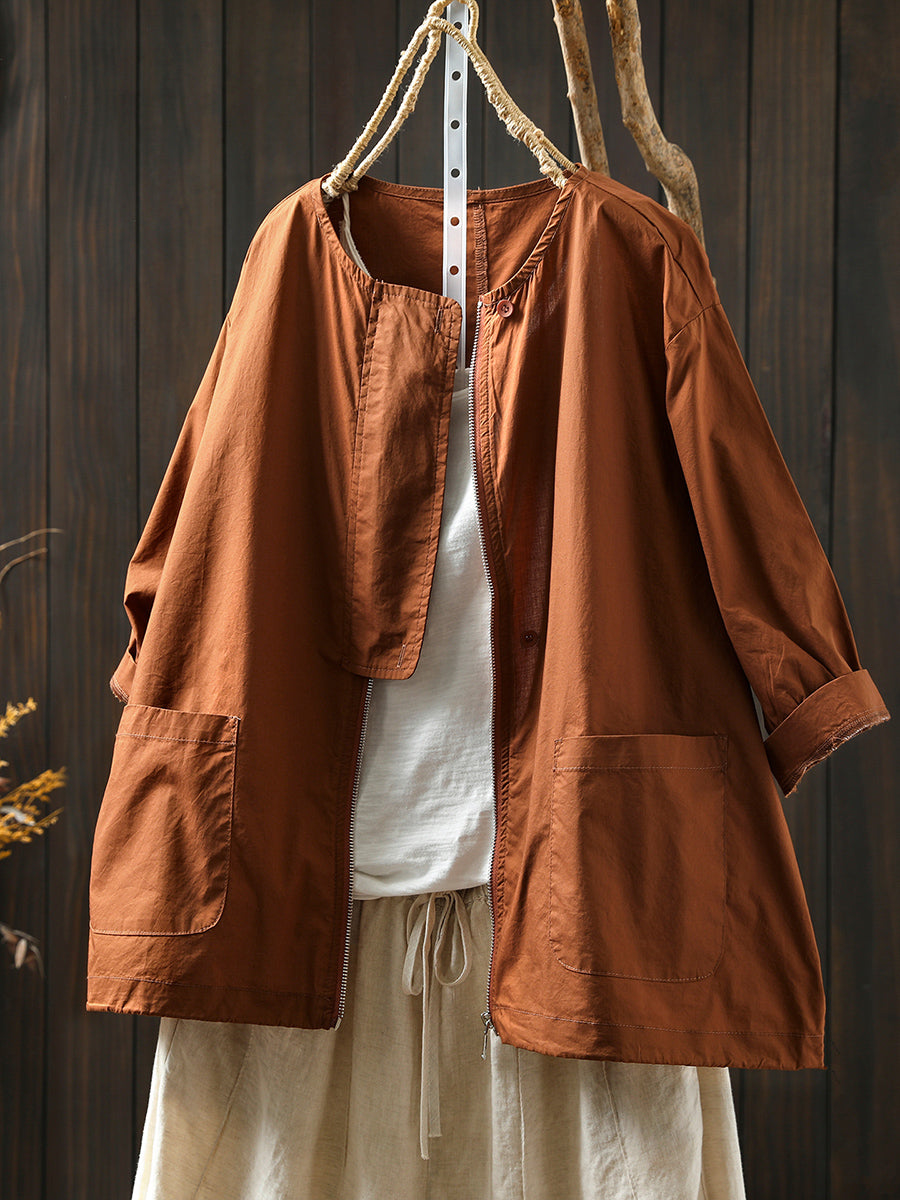 Manteau col rond femme couleur chemise fermeture éclair été pur 