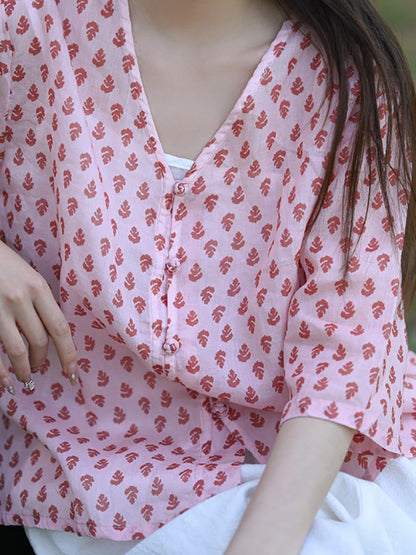 Floral Sommer 100% Ramie Shirt Vintage V-Ausschnitt Damen