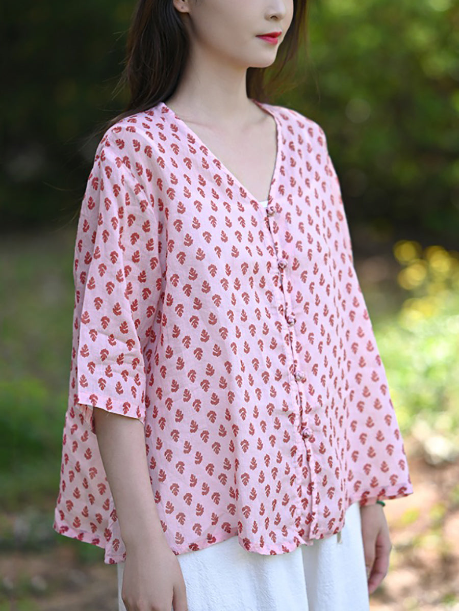 Floral Sommer 100% Ramie Shirt Vintage V-Ausschnitt Damen