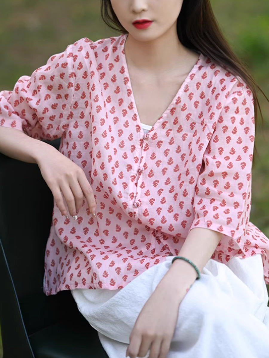 Floral Sommer 100% Ramie Shirt Vintage V-Ausschnitt Damen