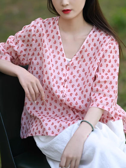 Floral Sommer 100% Ramie Shirt Vintage V-Ausschnitt Damen