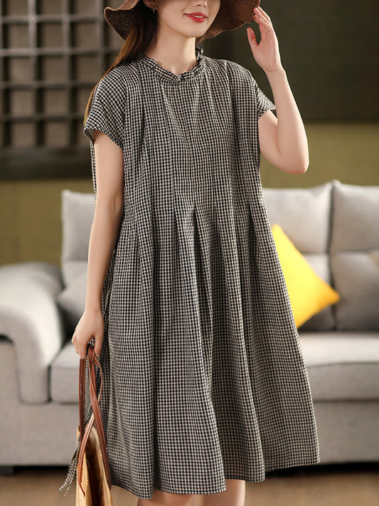 Frauen 100% Baumwolle Vintage Kragen Plaid Kleid Stand Sommer