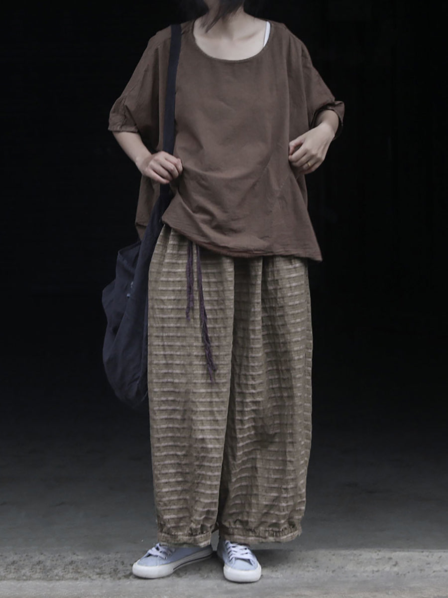 Pantalon d'été à rayures pour femme, jambe large, style rétro, en ramie
